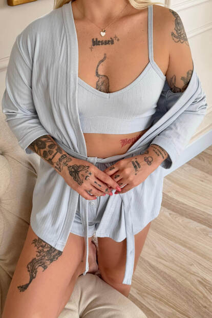 Bebe Mavi Dublin Büstiyerli Sabahlıklı Kadın Pijama Takımı - 5