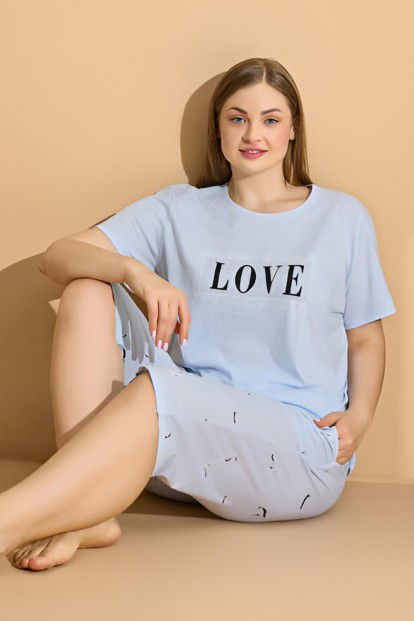 Bebe Mavi Love Baskılı Kapri Büyük Beden Battal Pijama Takımı - 1