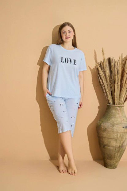 Bebe Mavi Love Baskılı Kapri Büyük Beden Battal Pijama Takımı - 2