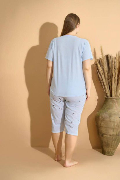 Bebe Mavi Love Baskılı Kapri Büyük Beden Battal Pijama Takımı - 3