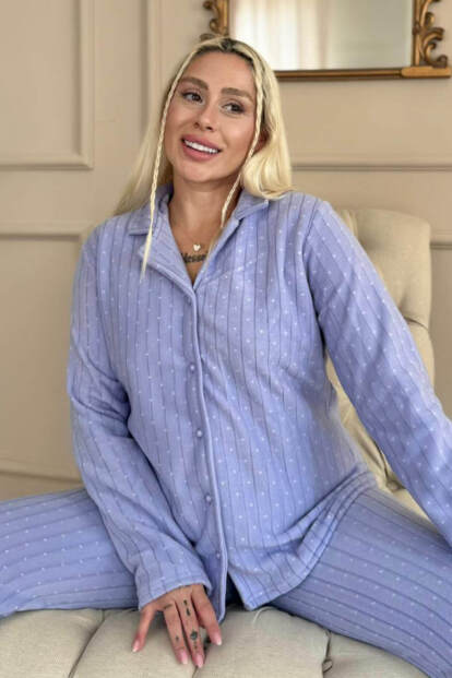 Bebe Mavi Mini Dotted Desenli Önden Düğmeli Peluş Polar Pijama Takımı - 1