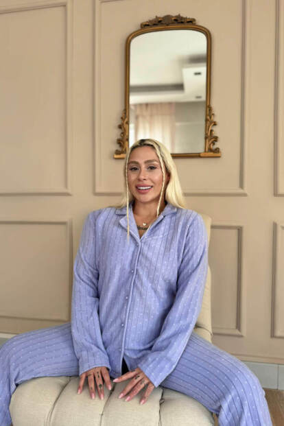 Bebe Mavi Mini Dotted Desenli Önden Düğmeli Peluş Polar Pijama Takımı - 4