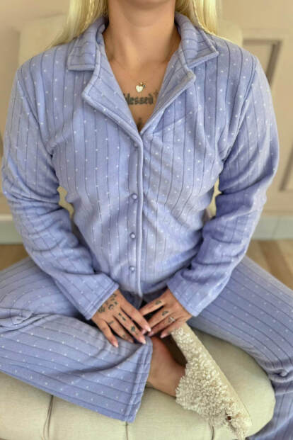Bebe Mavi Mini Dotted Desenli Önden Düğmeli Peluş Polar Pijama Takımı - 5