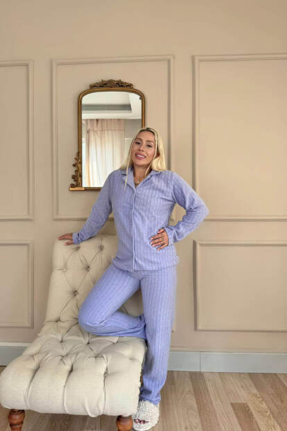 Bebe Mavi Mini Dotted Desenli Önden Düğmeli Peluş Polar Pijama Takımı - 6