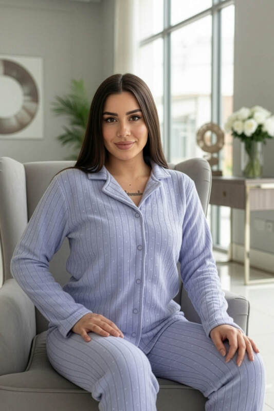 Bebe Mavi Mini Dotted Desenli Önden Düğmeli Peluş Polar Pijama Takımı - Pijamaevi (1)