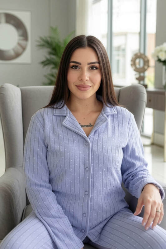 Bebe Mavi Mini Dotted Desenli Önden Düğmeli Peluş Polar Pijama Takımı - Pijamaevi (2)