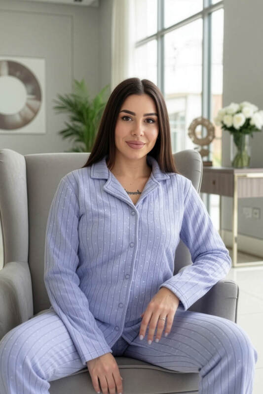 Bebe Mavi Mini Dotted Desenli Önden Düğmeli Peluş Polar Pijama Takımı - Pijamaevi (3)