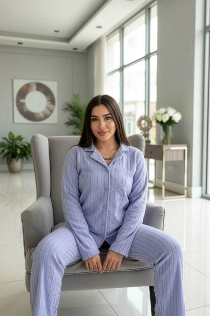 Bebe Mavi Mini Dotted Desenli Önden Düğmeli Peluş Polar Pijama Takımı - 5