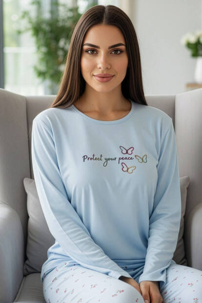 Bebe Mavi Peace Desenli Uzun Kollu Bambu Örme Kadın Pijama Takımı 