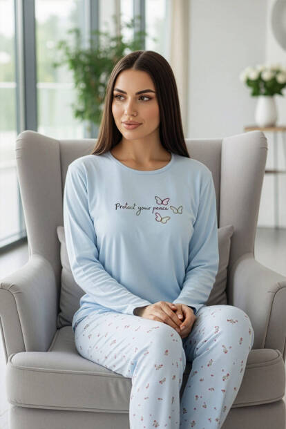 Bebe Mavi Peace Desenli Uzun Kollu Bambu Örme Kadın Pijama Takımı - 2