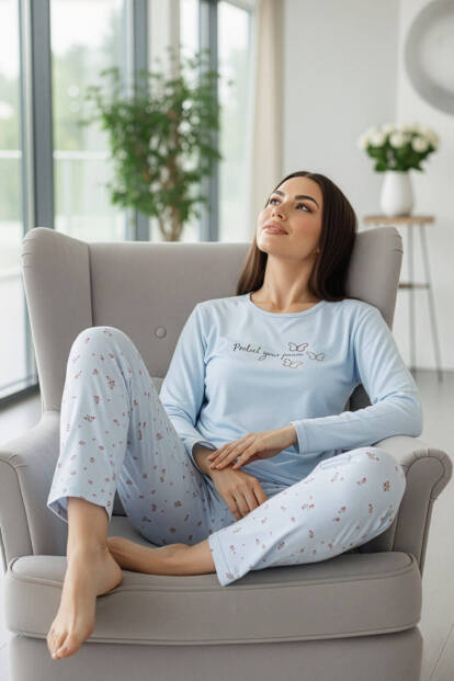 Bebe Mavi Peace Desenli Uzun Kollu Bambu Örme Kadın Pijama Takımı - 3