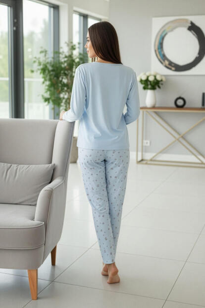 Bebe Mavi Peace Desenli Uzun Kollu Bambu Örme Kadın Pijama Takımı - 6