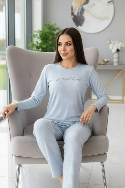 Bebe Mavisi Grateful Desenli Uzun Kollu Dublin Örme Kadın Pijama Takımı - 2