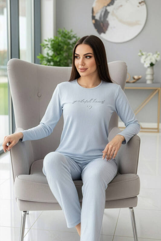 Bebe Mavisi Grateful Desenli Uzun Kollu Dublin Örme Kadın Pijama Takımı - Pijamaevi (1)