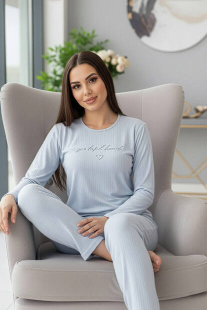 Bebe Mavisi Grateful Desenli Uzun Kollu Dublin Örme Kadın Pijama Takımı - 3