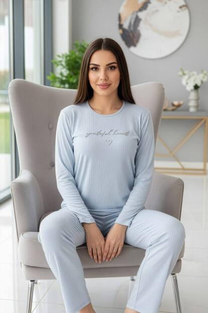 Bebe Mavisi Grateful Desenli Uzun Kollu Dublin Örme Kadın Pijama Takımı - 4