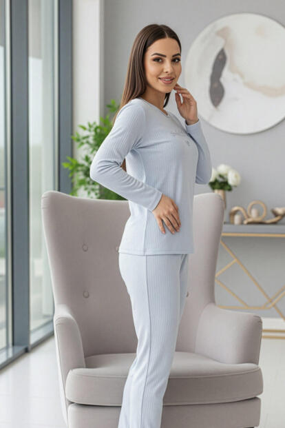 Bebe Mavisi Grateful Desenli Uzun Kollu Dublin Örme Kadın Pijama Takımı - 6