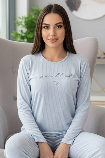 Bebe Mavisi Grateful Desenli Uzun Kollu Dublin Örme Kadın Pijama Takımı - 7