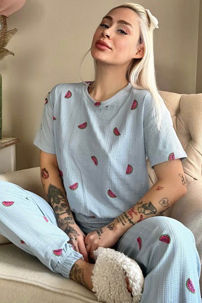 Bebe Mavisi Karpuz Desenli Örme Crop Kısa Kol Kadın Pijama Takım - 1
