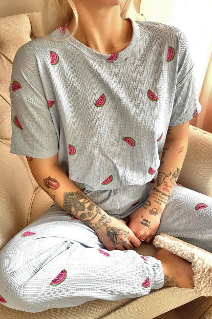 Bebe Mavisi Karpuz Desenli Örme Crop Kısa Kol Kadın Pijama Takım - 4