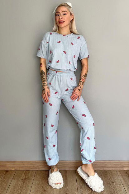 Bebe Mavisi Karpuz Desenli Örme Crop Kısa Kol Kadın Pijama Takım - 5