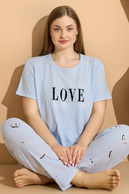 Bebe Mavisi Love Baskılı Büyük Beden Battal Pijama Takımı - 1