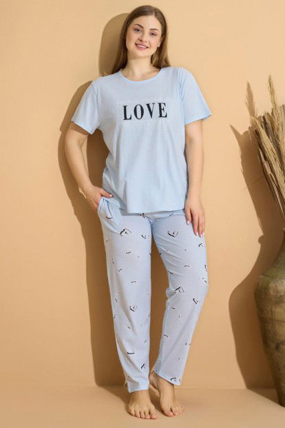 Bebe Mavisi Love Baskılı Büyük Beden Battal Pijama Takımı - 2