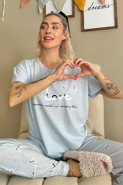 Bebe Mavisi Love Baskılı Kısa Kollu Kadın Pijama Takımı - 1