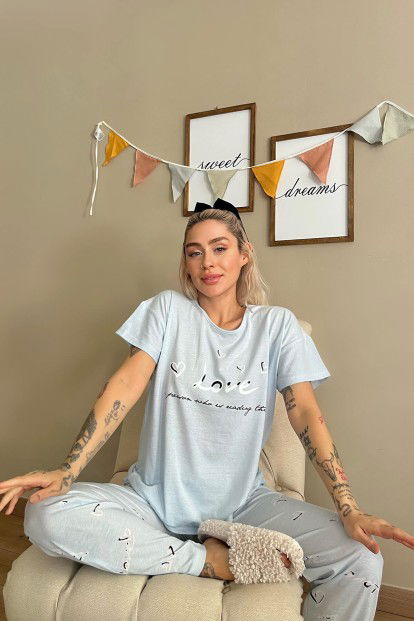 Bebe Mavisi Love Baskılı Kısa Kollu Kadın Pijama Takımı - 2