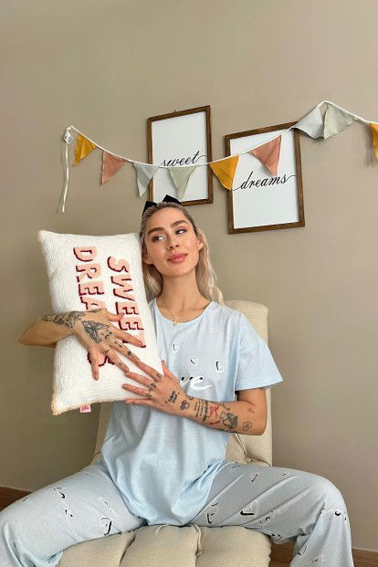 Bebe Mavisi Love Baskılı Kısa Kollu Kadın Pijama Takımı - 3