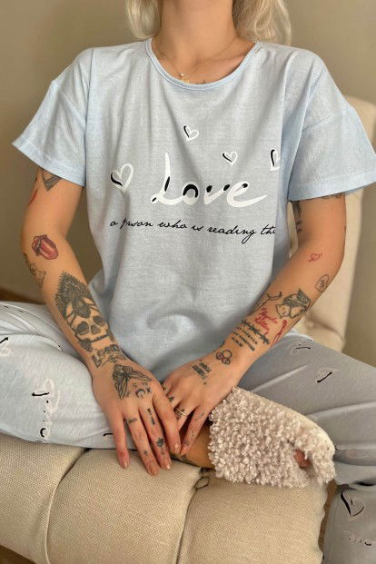 Bebe Mavisi Love Baskılı Kısa Kollu Kadın Pijama Takımı - 4