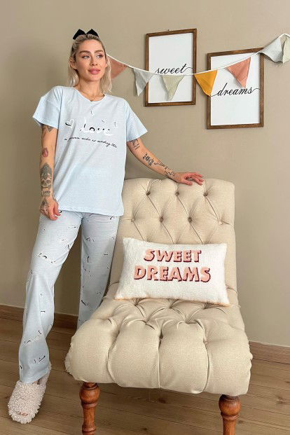 Bebe Mavisi Love Baskılı Kısa Kollu Kadın Pijama Takımı - 5