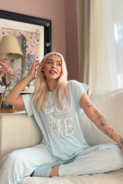 Bebe Mavisi Love Baskılı Örme Kısa Kol Kadın Pijama Takımı - 2