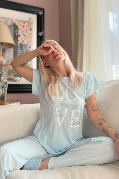 Bebe Mavisi Love Baskılı Örme Kısa Kol Kadın Pijama Takımı - 3