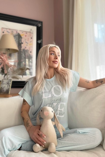 Bebe Mavisi Love Baskılı Örme Kısa Kol Kadın Pijama Takımı - 4