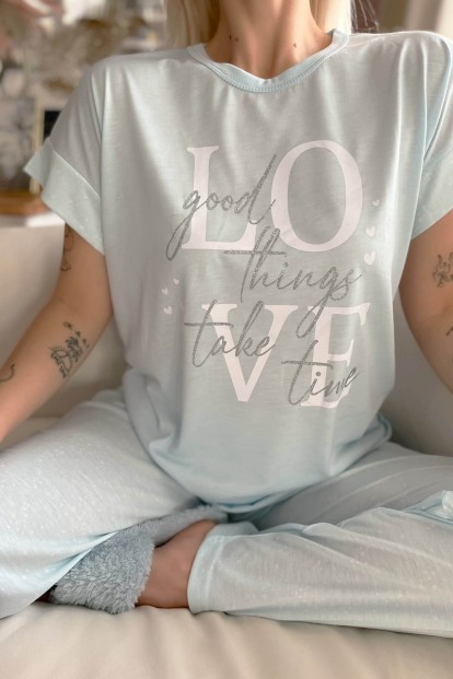 Bebe Mavisi Love Baskılı Örme Kısa Kol Kadın Pijama Takımı - 5