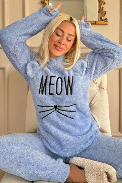 Bebe Mavisi Meow Desenli Tam Peluş Pijama Takımı 