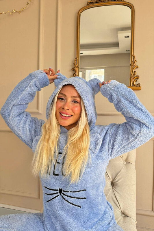Bebe Mavisi Meow Desenli Tam Peluş Pijama Takımı - Pijamaevi (2)