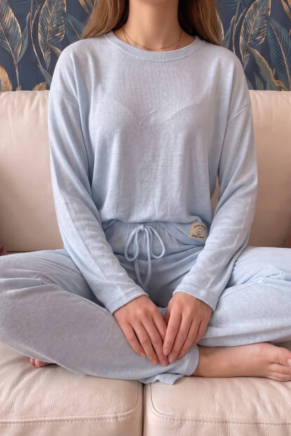 Bebe Mavisi Salonic Uzun Kollu Örme Kadın Pijama Takımı - 4