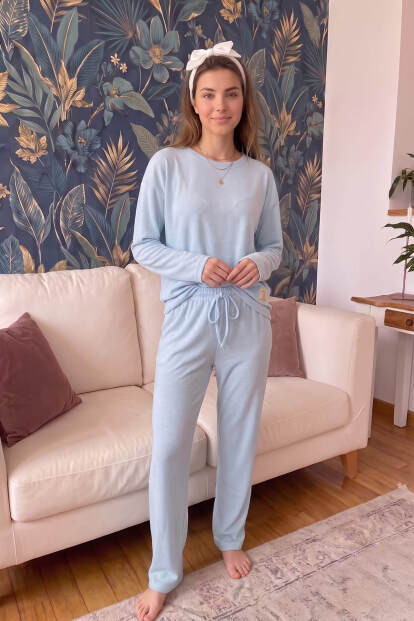 Bebe Mavisi Salonic Uzun Kollu Örme Kadın Pijama Takımı - 5