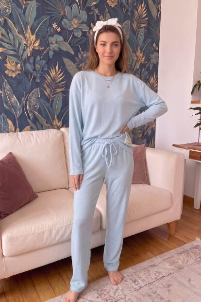 Bebe Mavisi Salonic Uzun Kollu Örme Kadın Pijama Takımı - 6