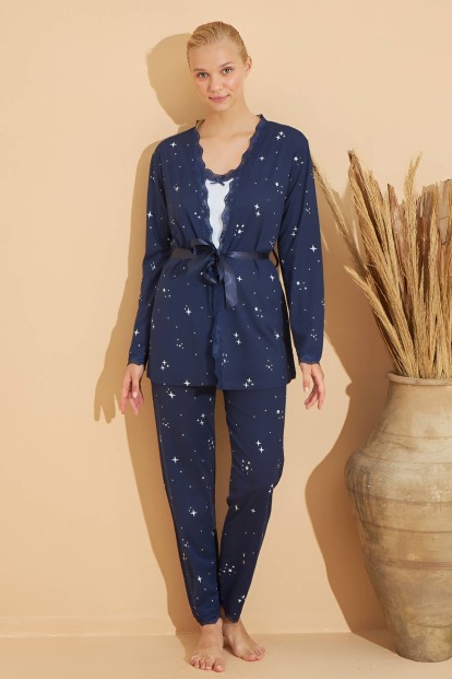 Bebe Mavisi Stars Desenli Bambu Sabahlıklı Kadın Pijama Takımı - 3