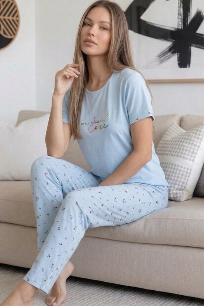 Bebe Mavisi Vanilla Desenli Bambu Kısa Kol Kadın Pijama Takımı 