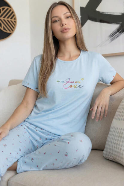 Bebe Mavisi Vanilla Desenli Bambu Kısa Kol Kadın Pijama Takımı - 2