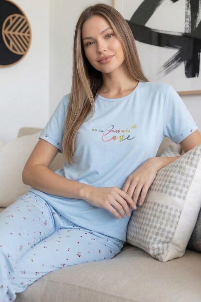 Bebe Mavisi Vanilla Desenli Bambu Kısa Kol Kadın Pijama Takımı - 3