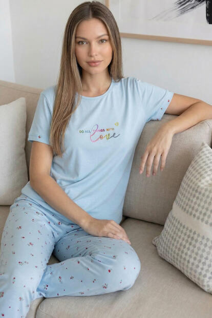 Bebe Mavisi Vanilla Desenli Bambu Kısa Kol Kadın Pijama Takımı - 4