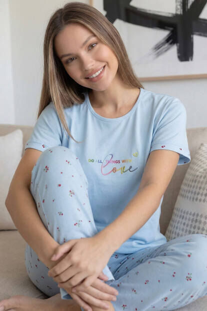 Bebe Mavisi Vanilla Desenli Bambu Kısa Kol Kadın Pijama Takımı - 5