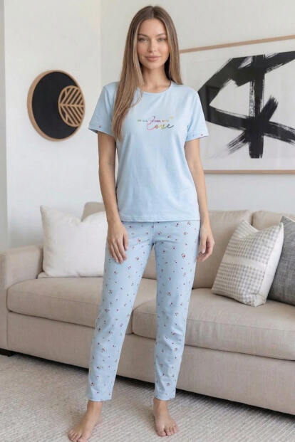 Bebe Mavisi Vanilla Desenli Bambu Kısa Kol Kadın Pijama Takımı - 6