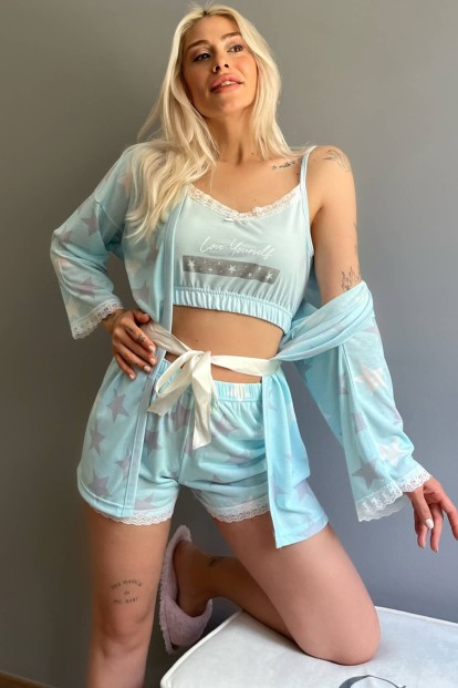 Bebe Mavisi Yıldız Desenli Sabahlıklı Bralet Örme Pijama Takımı - 1