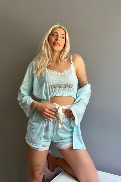 Bebe Mavisi Yıldız Desenli Sabahlıklı Bralet Örme Pijama Takımı - 2